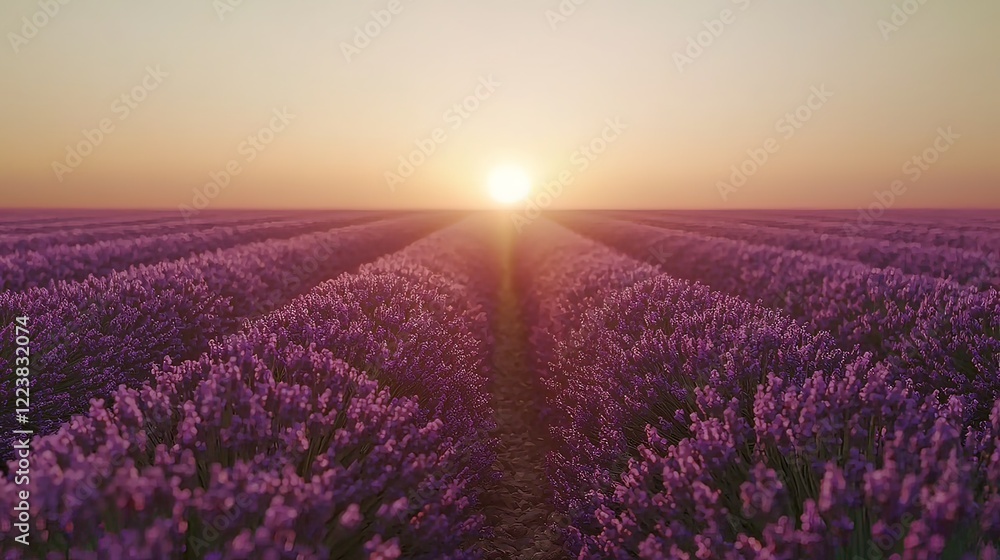 Naklejka premium Sunset over rows of purple lavender fields.