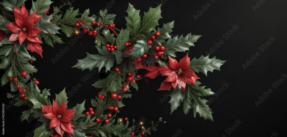 Swirl ribbons and stars on black background with festive holly leaves, winter wonderland, Christmas ornaments, swirl ribbons Swirl ribbons and stars on black background with festive holly leaves, winter wonderland, Christmas ornaments, swirl ribbons