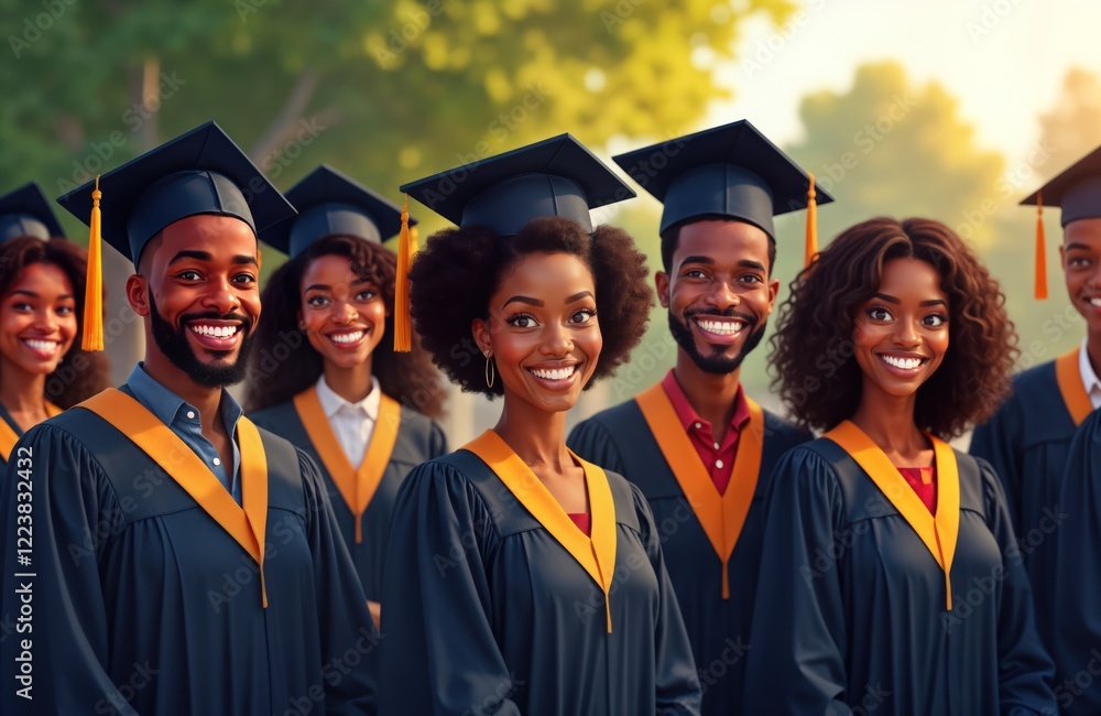 Diverse group of happy black students in graduation gowns pose outdoors. Smile, look at camera. Successful graduates at HBCU. Celebration of achievement, education. Proud young adults. University Diverse group of happy black students in graduation gowns pose outdoors. Smile, look at camera. Successful graduates at HBCU. Celebration of achievement, education. Proud young adults. University