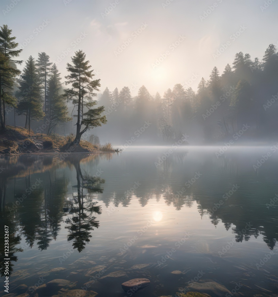 Fototapeta premium Tranquil lake waters reflecting a misty morning sky , abstract, peaceful, serene