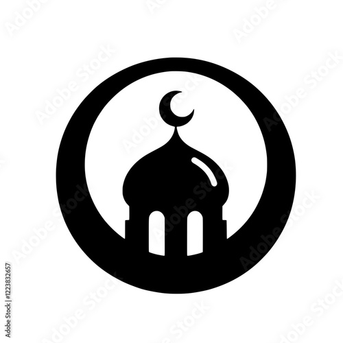 Mosque Icon: A simple yet elegant black and white icon depicting a mosque dome with a crescent moon, enclosed within a circular frame. Perfect for representing Islamic culture, faith.