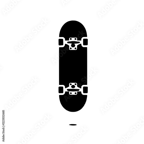 Skateboard Icon: A minimalist black silhouette of a skateboard, viewed from above, set against a clean background.  This simple yet striking icon is perfect for representing skateboarding.