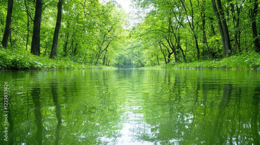 Serene forest river, lush green canopy, calm water, nature peace, ideal for travel brochure Serene forest river, lush green canopy, calm water, nature peace, ideal for travel brochure