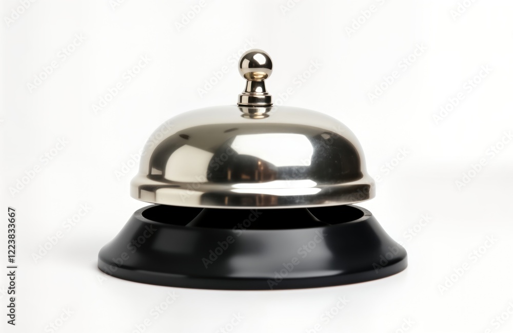 Shiny metal service bell with black plastic base. Isolated on white background. Classic design for hotel reception office. Suitable for hospitality industry. Useful for customer service. Modern Shiny metal service bell with black plastic base. Isolated on white background. Classic design for hotel reception office. Suitable for hospitality industry. Useful for customer service. Modern