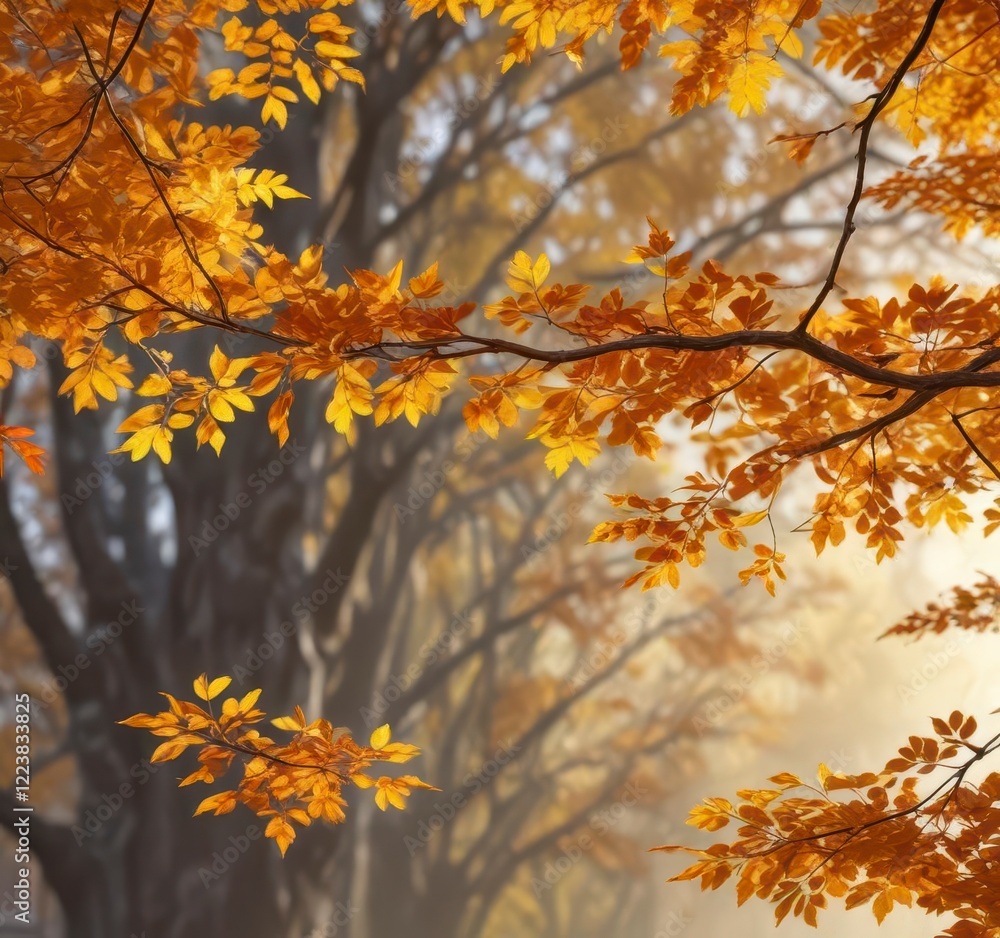 Warm autumn branch with vibrant leaves in shades of orange and yellow branches out towards camera, nature, colorful leaves, seasonal Warm autumn branch with vibrant leaves in shades of orange and yellow branches out towards camera, nature, colorful leaves, seasonal