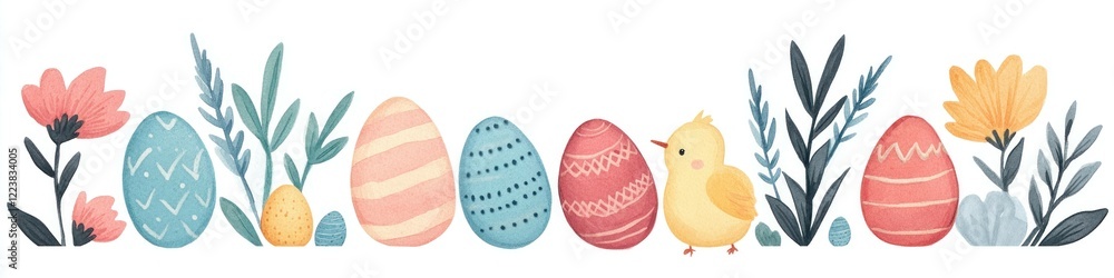 Colorful Easter eggs and flowers with a cute chick, representing springtime joy and celebration, perfect for seasonal themes and festive designs Colorful Easter eggs and flowers with a cute chick, representing springtime joy and celebration, perfect for seasonal themes and festive designs