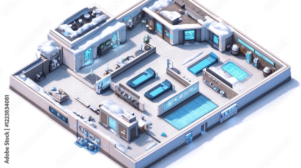 Isometric View of a Futuristic Snow-Covered Luxury Spa and Wellness Center. Isometric View of a Futuristic Snow-Covered Luxury Spa and Wellness Center.
