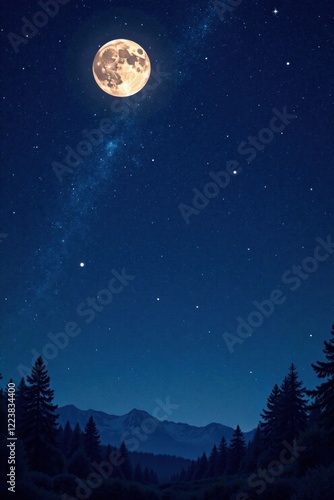 Starry night sky with a full moon and constellations, darkness, night