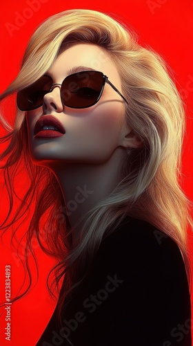 Wallpaper Mural Blonde Woman Portrait with Sunglasses and Lipstick in Red Background Minimalist Fashion Torontodigital.ca