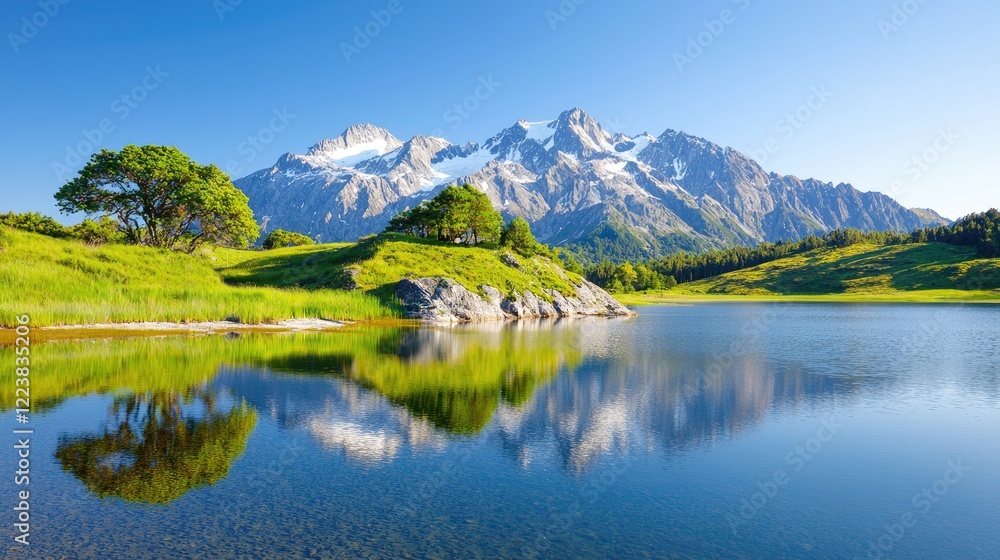 Serene alpine lake reflecting snow-capped mountains; tranquil nature scene, ideal for travel brochures Serene alpine lake reflecting snow-capped mountains; tranquil nature scene, ideal for travel brochures