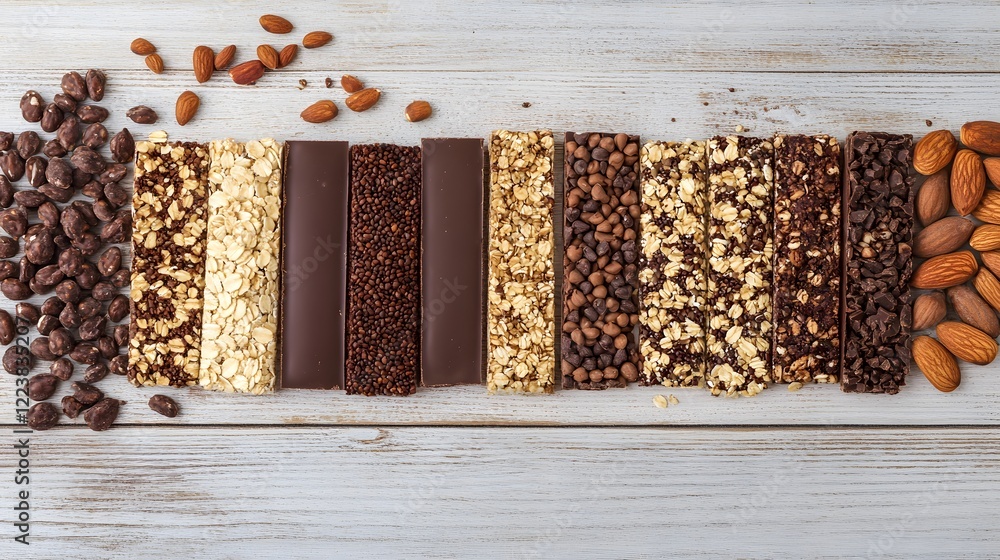 Various granola chocolate energy bars in row with scattered mixed nuts, cereals & dried fruit, grunged white wood table background. Healthy vegan fitness food snack. Top view, copy space, close up. Various granola chocolate energy bars in row with scattered mixed nuts, cereals & dried fruit, grunged white wood table background. Healthy vegan fitness food snack. Top view, copy space, close up.