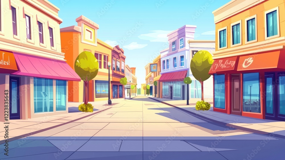 Fototapeta premium A cartoon depiction of a sunny street lined with colorful storefronts.