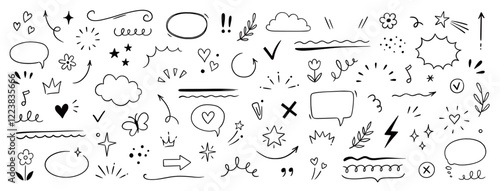 Cute line sketch star, arrow, cloud decoration element icon set. Hand drawn sketch doodle cute star, heart, flower element. Line text decoration scribble shape icon. Hand drawn Vector illustration.