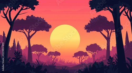 Sunset Over Silhouette Trees and Lush Greenery