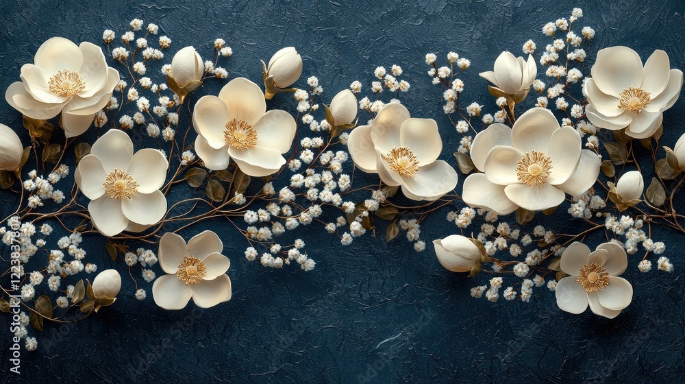 Fototapeta premium Elegant creamy white magnolia blossoms and baby breath flowers