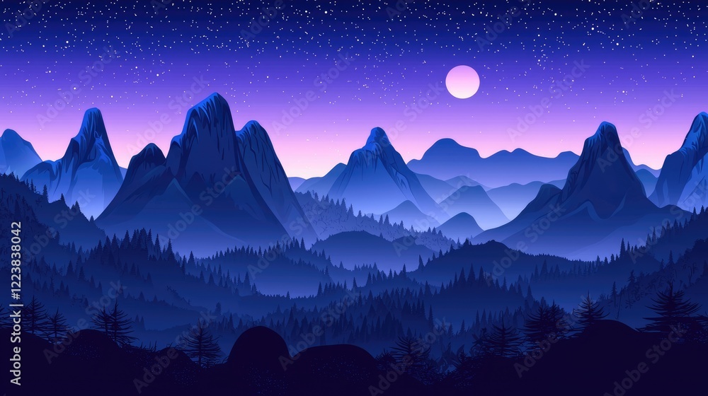 Fototapeta premium Silhouetted Mountains Under a Starry Night Sky with a Full Moon