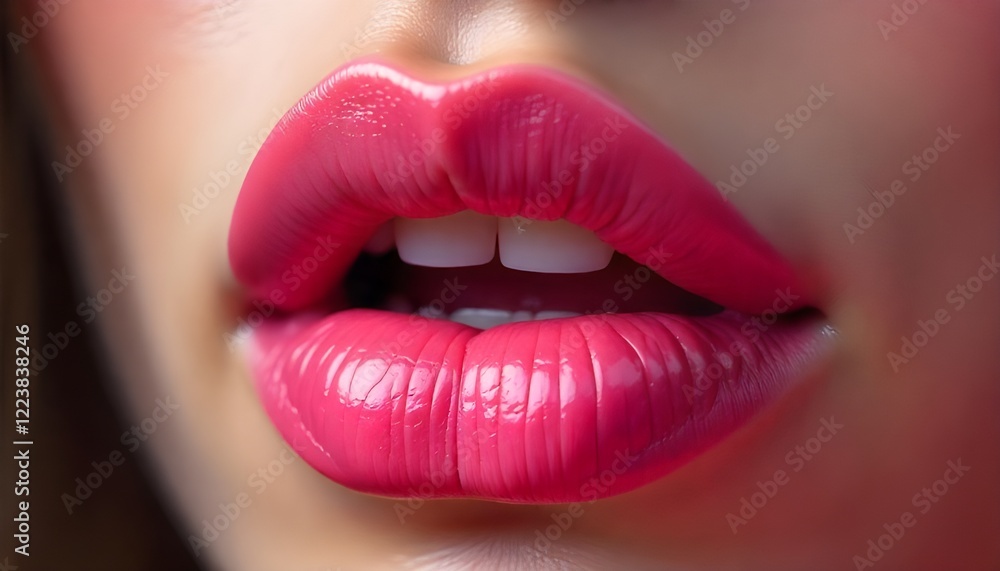 Obraz premium Glossy pink lips adorned with glitter, The background is studio, close up full lips