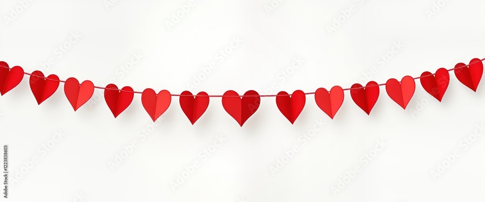Obraz premium Red paper hearts hang on string. Festive decoration for Valentine Day. Romantic and lovely decor. Ideal for parties or celebrations. Simple and cute design. Perfect for adding charm to any space.