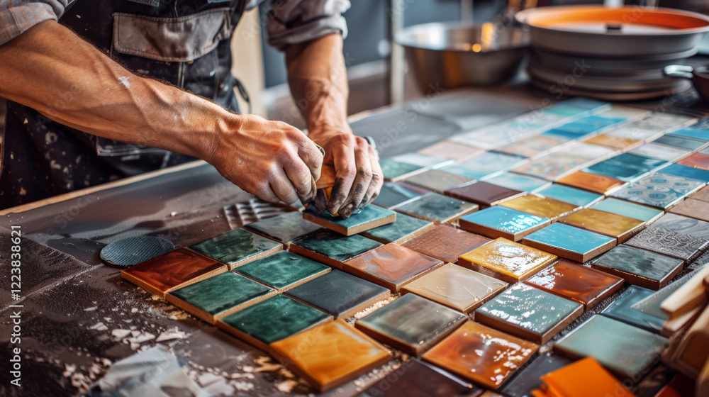 Fototapeta premium Professional tiler working on kitchen backsplash with colorful tiles