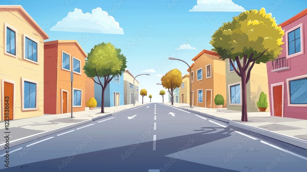 A Cartoon Suburban Street with Colorful Houses and Trees A Cartoon Suburban Street with Colorful Houses and Trees