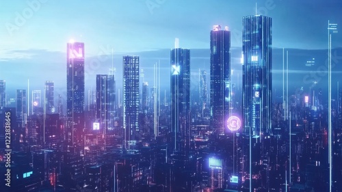 Wallpaper Mural A dynamic cityscape composed of shimmering skyscrapers each adorned with animated adver for nonfungible tokens and virtual real estate pulsating with energy and activity. Torontodigital.ca