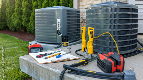 Residential HVAC system maintenance tools and equipment on patio