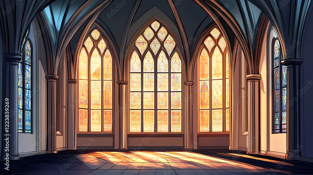 Gothic cathedral interior with arched vaults and stained glass window. Shadow Arch. Illustration Gothic cathedral interior with arched vaults and stained glass window. Shadow Arch. Illustration