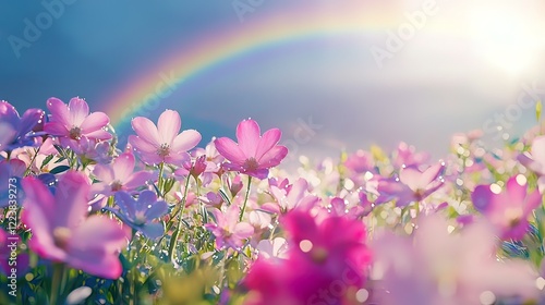 Vibrant pink and purple cosmos flowers field with a bright rainbow and sun.