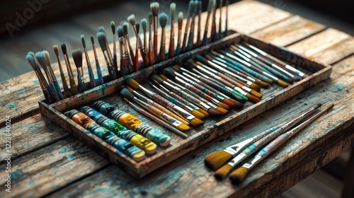 A Collection of Colorful Artist Paintbrushes on a Rustic Wooden Table photo