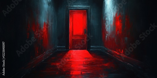 Dark Hallway with Glowing Red Doorway Mysterious Ominous Atmosphere