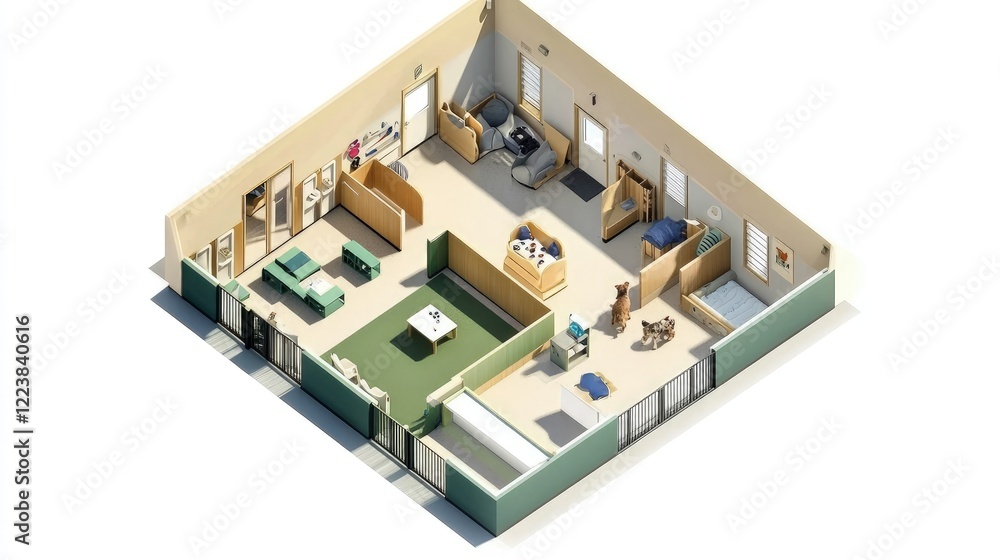 Isometric View of a Modern and Spacious Dog Daycare Facility Design with Play Areas and Resting Zones for Canine Companions. Isometric View of a Modern and Spacious Dog Daycare Facility Design with Play Areas and Resting Zones for Canine Companions.