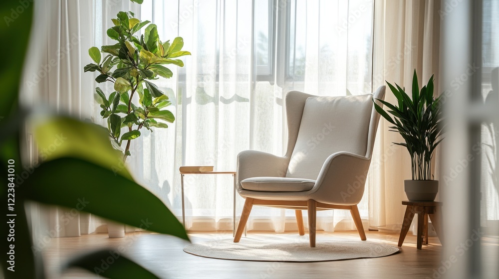 A tranquil scene of a therapist’s office with calming decor, a comfortable chair, and a large window allowing natural light to flood in A tranquil scene of a therapist’s office with calming decor, a comfortable chair, and a large window allowing natural light to flood in