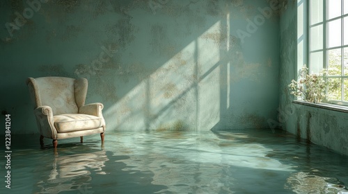 Flooded Room with Water Damage Cozy Armchair Soft Lighting Repair Restoration Needs Urgent Cleanup photo