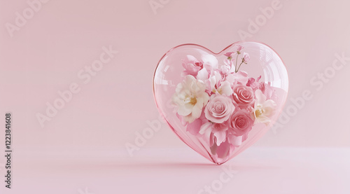 Crystal heart with flowers in an ethereal composition. Perfect for love greeting cards and romantic ads.