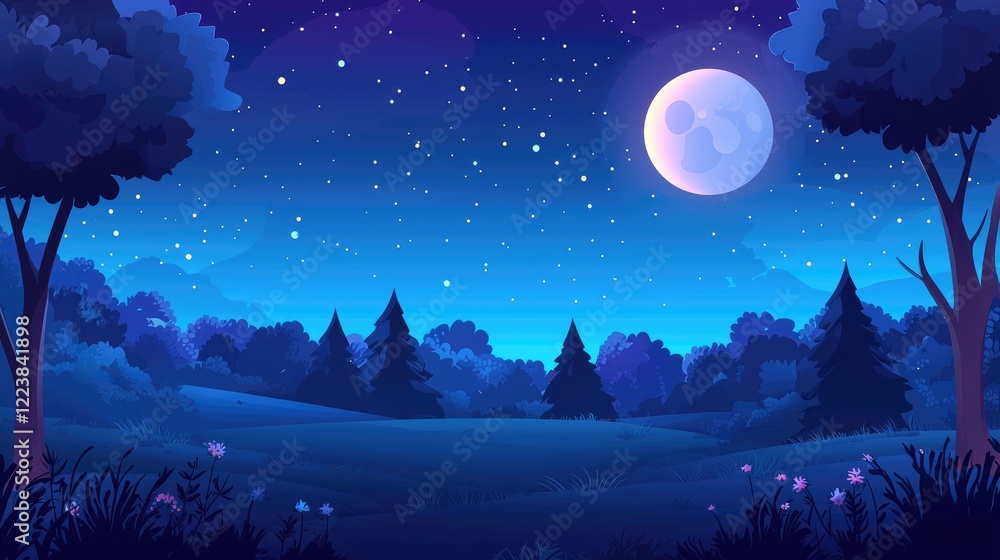 Fototapeta premium Nighttime Forest Landscape with Full Moon and Stars