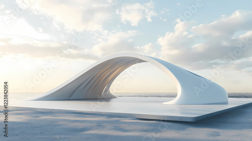 Fototapeta Naklejka Na Ścianę i Meble -  3d render of white arch futuristic architecture, abstract wavy structure with empty concrete floor. Shadow Arch. Illustration
