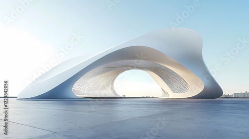 Fototapeta Naklejka Na Ścianę i Meble -  3d render of white arch futuristic architecture, abstract wavy structure with empty concrete floor. Shadow Arch. Illustration