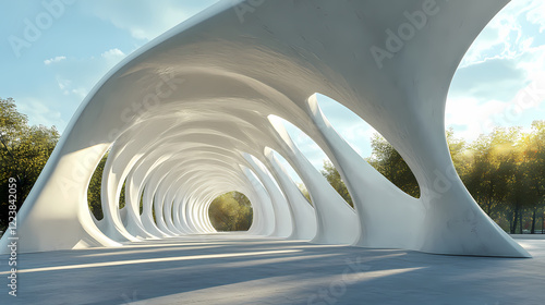 Fototapeta Naklejka Na Ścianę i Meble -  3d render of white arch futuristic architecture, abstract wavy structure with empty concrete floor. Shadow Arch. Illustration