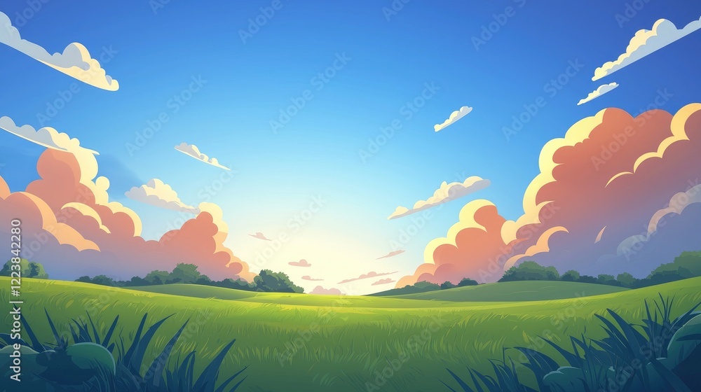 Fototapeta premium A Lush Green Field Under a Cloudy Summer Sky