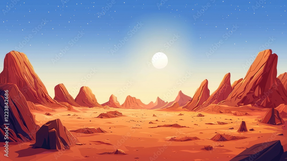 Naklejka premium A Martian Landscape with a Bright White Sun and Scattered Stars