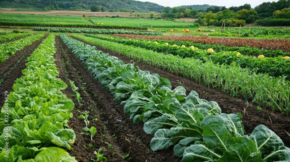 Rows of mature vegetables, including pumpkins and squash, ready to be harvested in a farm field Rows of mature vegetables, including pumpkins and squash, ready to be harvested in a farm field