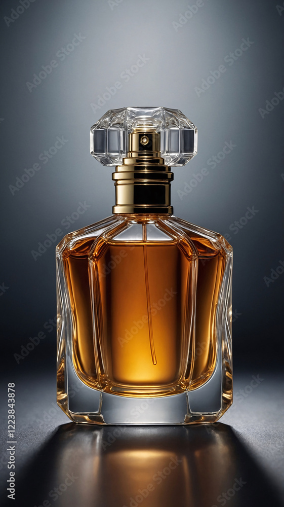 Sophisticated glass perfume bottle with simple luxurious design illuminated by bokeh highlights on a dark professional background perfume commercial advertisement display Sophisticated glass perfume bottle with simple luxurious design illuminated by bokeh highlights on a dark professional background perfume commercial advertisement display