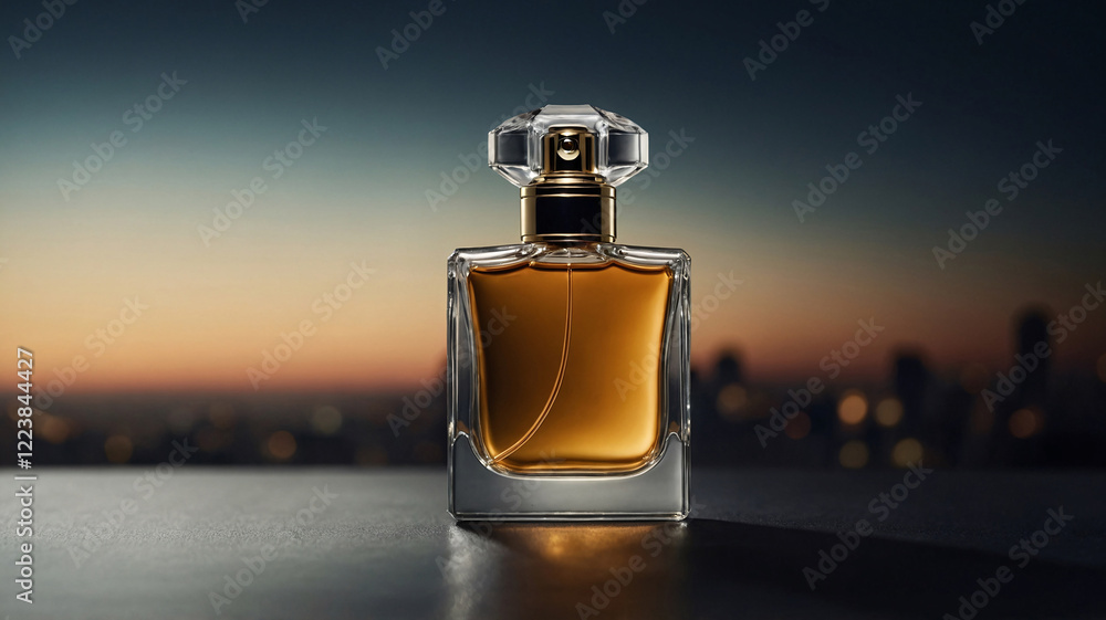 Timeless glass perfume bottle featuring minimalist design and delicate bokeh lighting against a dark atmospheric backdrop perfume commercial advertisement display Timeless glass perfume bottle featuring minimalist design and delicate bokeh lighting against a dark atmospheric backdrop perfume commercial advertisement display