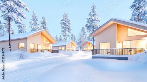 Snowy cabins, winter forest, evening light, tranquil escape, holiday rental
