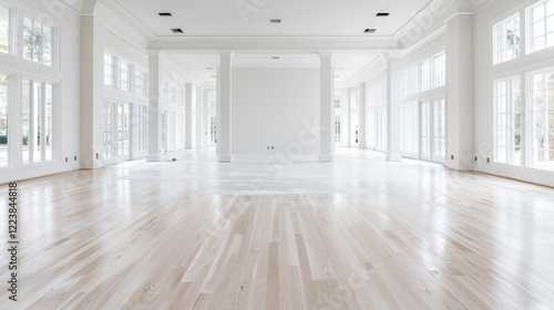 Wallpaper Mural Empty sunlit luxury home interior, hardwood floor, large windows, under construction background, real estate listing Torontodigital.ca