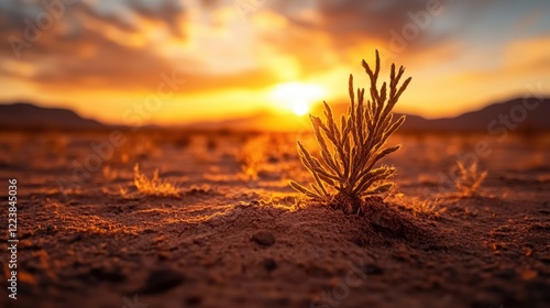 A solitary plant stands resilient against a dramatic sunset backdrop in the arid desert, symbolizing survival and beauty in harsh, unforgiving conditions of nature's landscape. photo