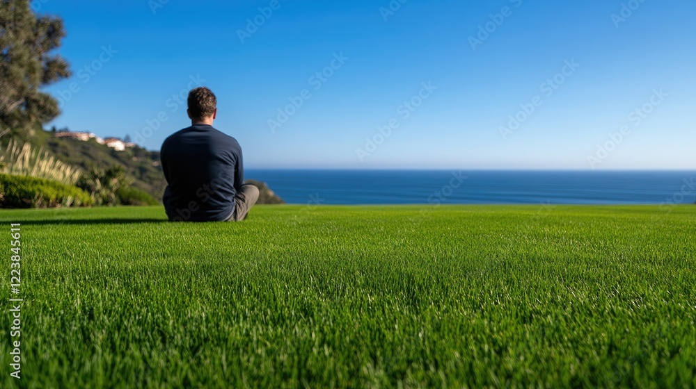 Tranquility by the Ocean: A Man Contemplates the Vastness of the Sea from a Lush Green Lawn