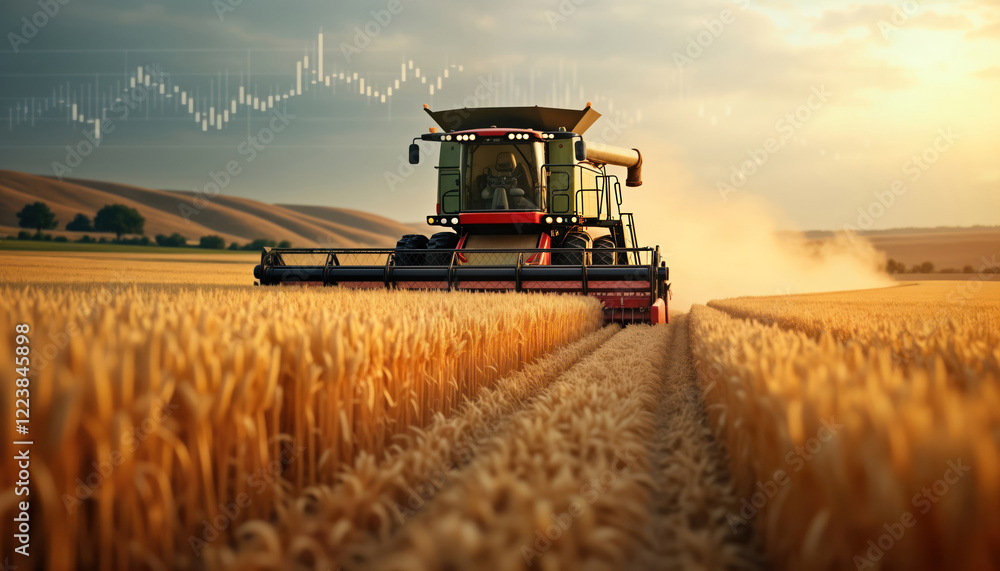 Obraz premium Golden wheat field harvested by large combine harvester. Financial data overlaid on scene in form of graph indicating agricultural market trends. Rural landscape, bright sunset. Summertime. Farm