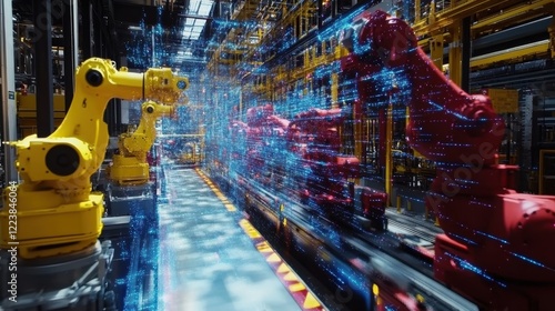 A splitscreen view capturing intricate robotic arms in motion where the virtual simulation is depicted in vibrant colors alongside the actual robotic arms working on the factory floor photo