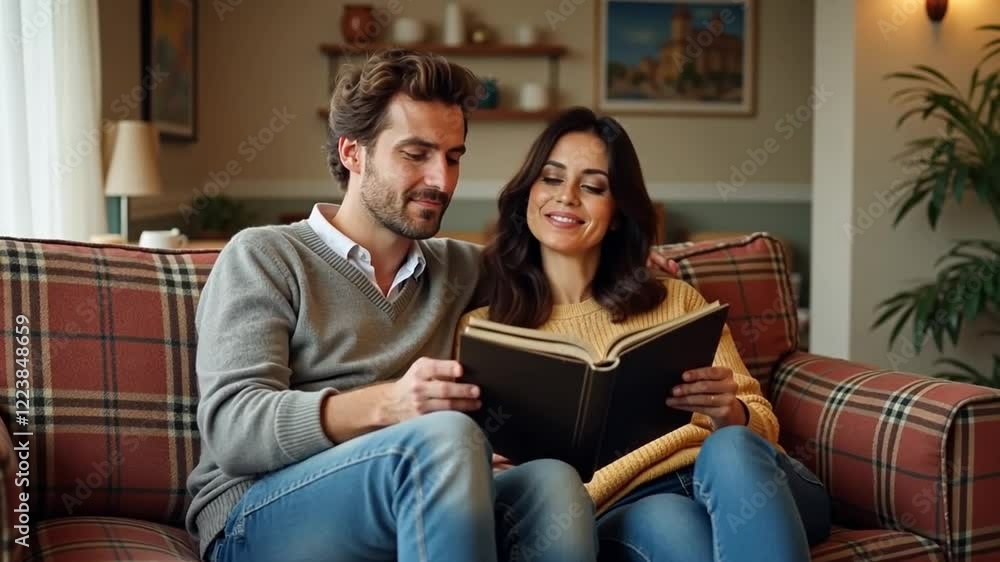 A couple sitting together on a plaid sofa in a small living room; the husband is wearing a V-neck sweater and bell-bottom jeans, the wife flips through a photo album A couple sitting together on a plaid sofa in a small living room; the husband is wearing a V-neck sweater and bell-bottom jeans, the wife flips through a photo album